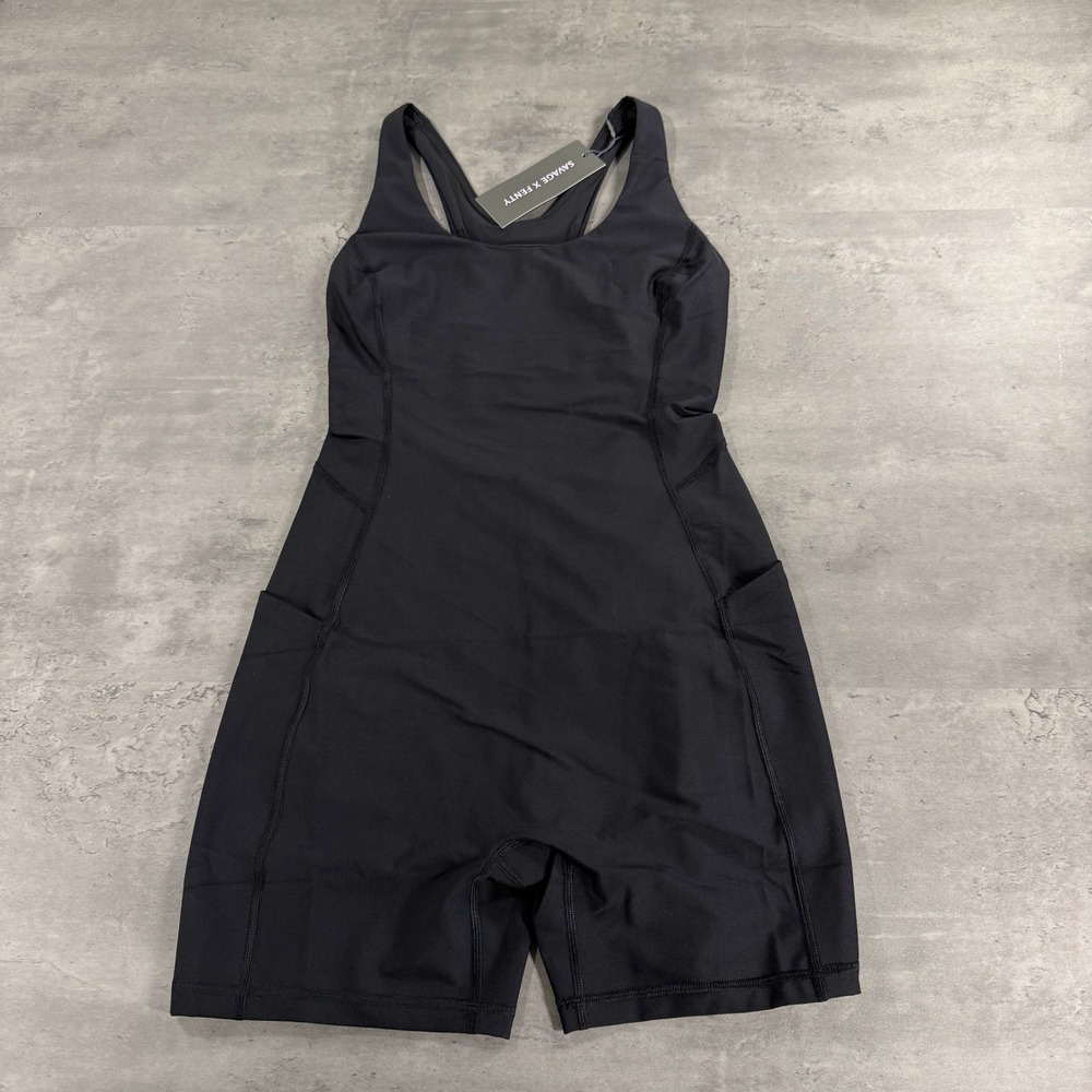 Savage X Fenty Running Hot Romper S Sport Black Racerback Cutout $95 Side Pocket